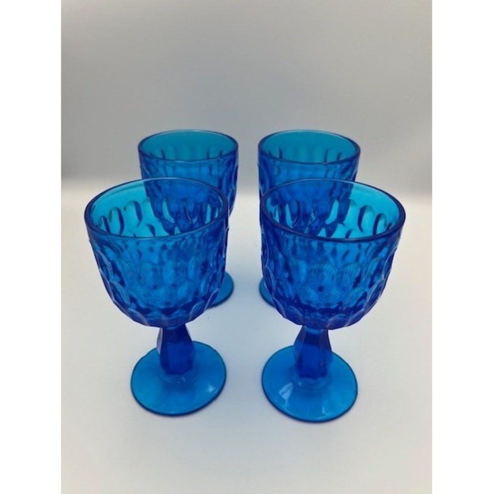 Fenton Vintage Cobalt Blue Thumbprint Water Wine Goblets Set of 4 Pedestal Glass